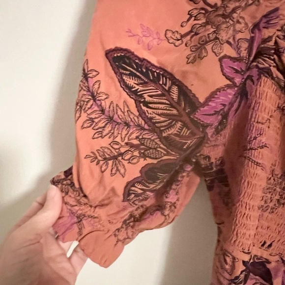 Anthropologie Pink Orange  Smocked Floral Botanical Midi Dress with puff sleeves - Picture 7 of 12